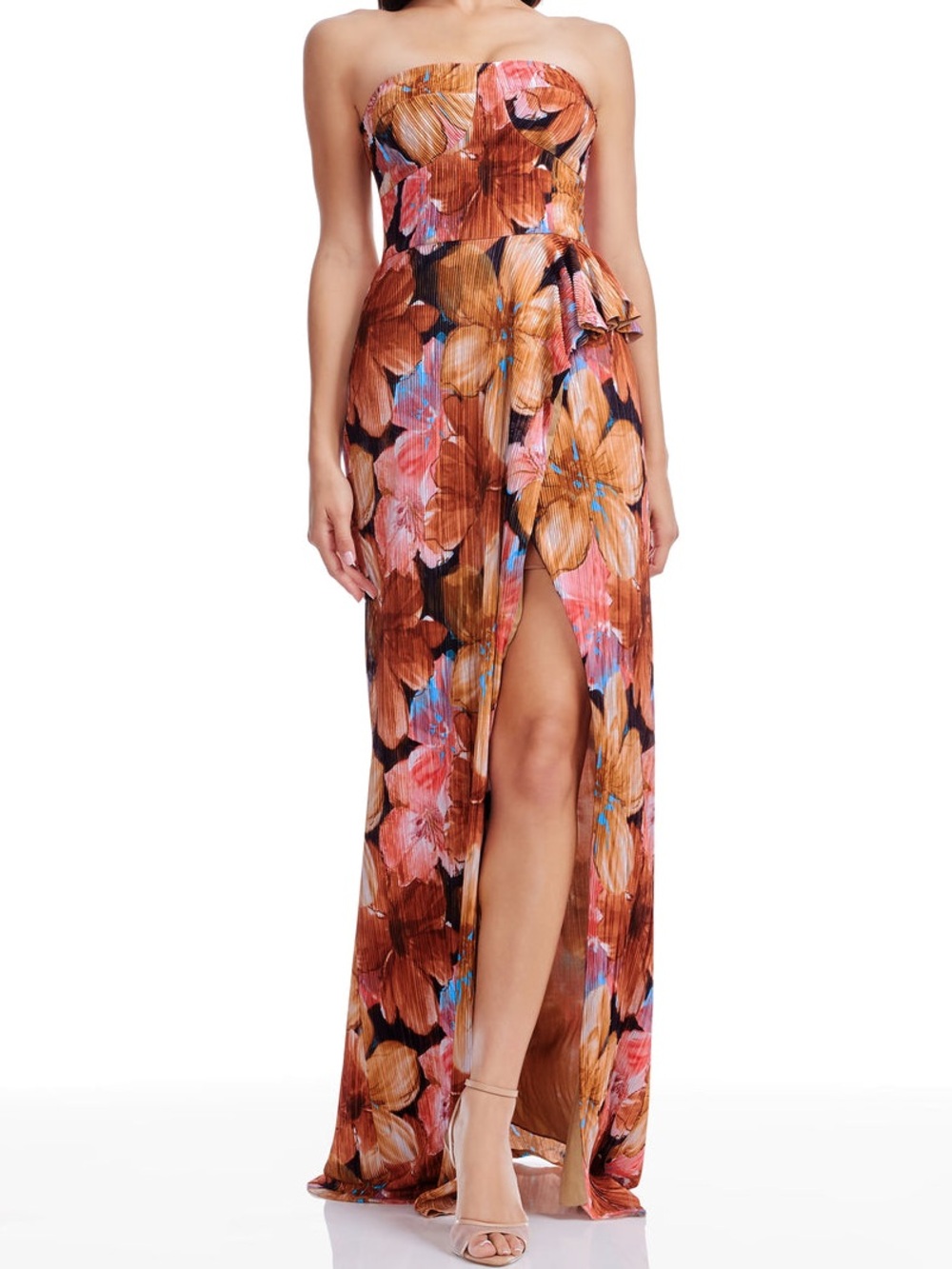 NEW Dress the Population Amber Orange Pleated Plisse Strapless Maxi Dress